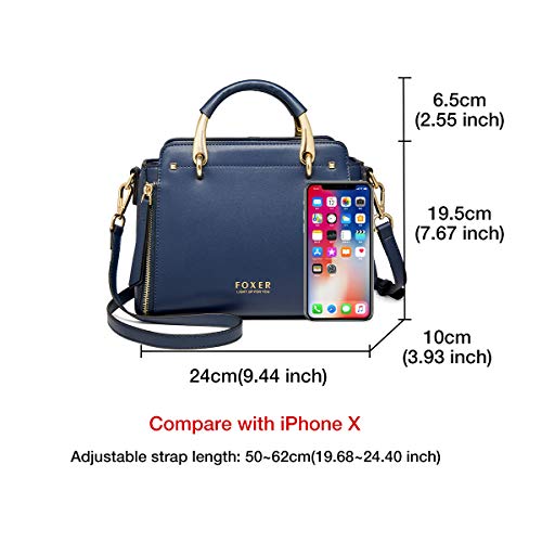 FOXER Handbags for Women, Genuine Leather Tote Bag, Dark Blue - FOXER Handbags for Women, Genuine Leather Tote Bag, Dark Blue - Travelking