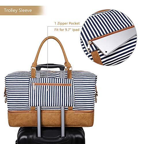Canvas Duffel Weekender Bag with Shoe Compartment - Blue Stripe - Canvas Duffel Weekender Bag with Shoe Compartment - Blue Stripe - Travelking