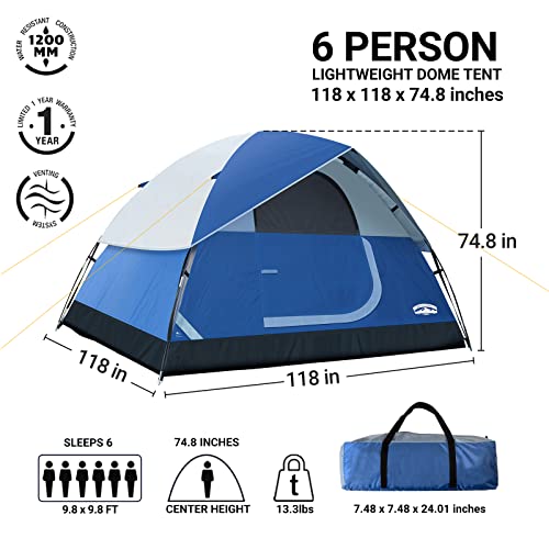 Pacific Pass Camping Tent 6 Person Family Dome Tent, Navy Blue - Pacific Pass Camping Tent 6 Person Family Dome Tent, Navy Blue - Travelking