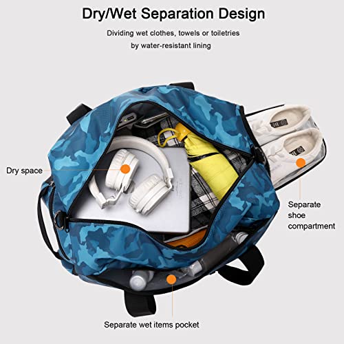 Kids Overnight Duffel Bag with Shoe Compartment, Blue Camo - Kids Overnight Duffel Bag with Shoe Compartment, Blue Camo - Travelking