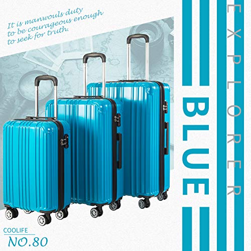 COOLIFE Luggage Expandable PC+ABS 3 Piece Set with TSA Lock - Turquoise Blue - COOLIFE Luggage Expandable PC+ABS 3 Piece Set with TSA Lock - Turquoise Blue - Travelking