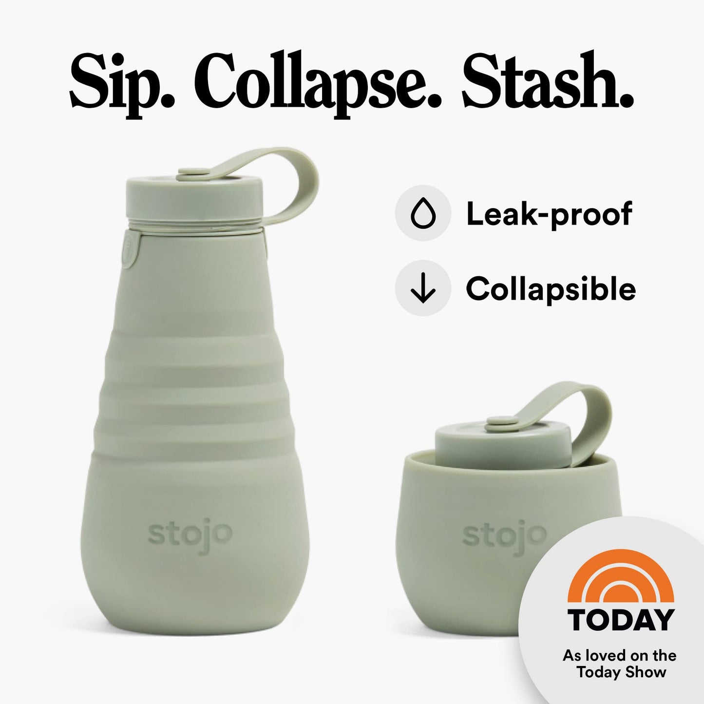 STOJO Collapsible Water Bottle - Sage Green, 20oz / 592ml - Leak-Proof - STOJO Collapsible Water Bottle - Sage Green, 20oz / 592ml - Leak-Proof - Travelking