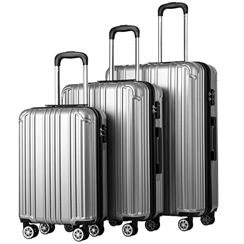 COOLIFE Luggage Expandable Suitcase PC+ABS 3 Piece Set, Silver - COOLIFE Luggage Expandable Suitcase PC+ABS 3 Piece Set, Silver - Travelking