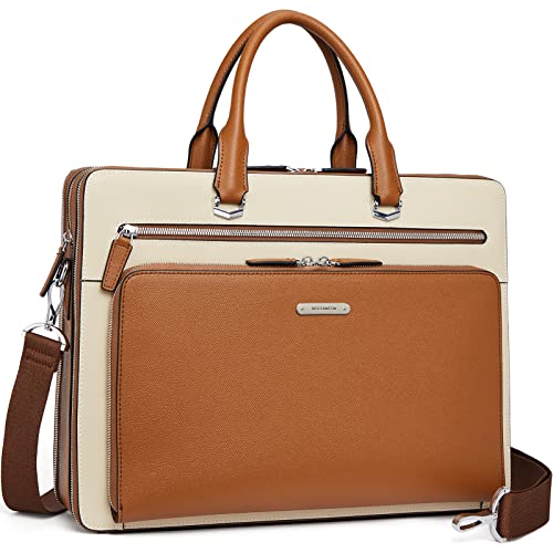 BOSTANTEN Leather Briefcase in C-Brown & Beige - High-Quality, Multifunctional with Secure Laptop Compartment - BOSTANTEN Leather Briefcase in C-Brown & Beige - High-Quality, Multifunctional with Secure Laptop Compartment - Travelking