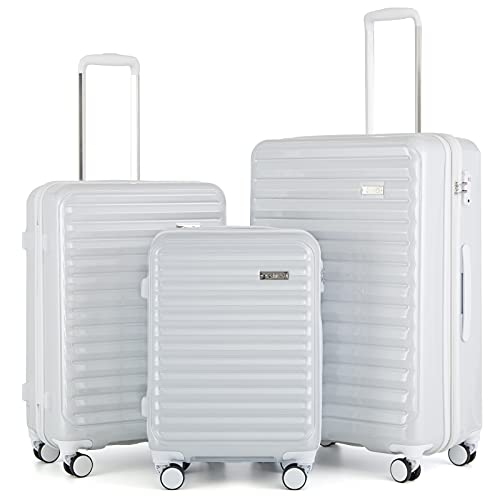 Coolife Luggage Suitcase 3 Piece Set expandable - ABS-PC - White Grid - Coolife Luggage Suitcase 3 Piece Set expandable - ABS-PC - White Grid - Travelking