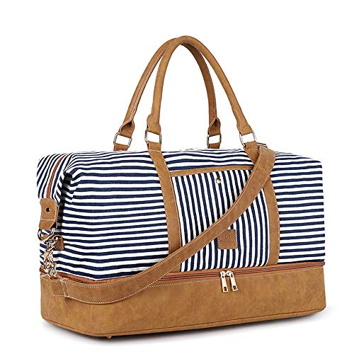Canvas Duffel Weekender Bag with Shoe Compartment - Blue Stripe - Canvas Duffel Weekender Bag with Shoe Compartment - Blue Stripe - Travelking