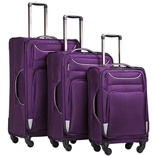 Coolife 3 Piece Luggage Spinner Set  Softshell - Purple & Silver - Coolife 3 Piece Luggage Spinner Set  Softshell - Purple & Silver - Travelking