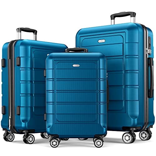 SHOWKOO Luggage Sets Expandable PC+ABS Durable Suitcase 3 PC Set, Sea Blue - SHOWKOO Luggage Sets Expandable PC+ABS Durable Suitcase 3 PC Set, Sea Blue - Travelking