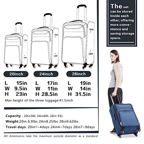 Coolife 3 Piece Luggage Set Spinner Softshell lightweight (Blue+Silver) - Coolife 3 Piece Luggage Set Spinner Softshell lightweight (Blue+Silver) - Travelking