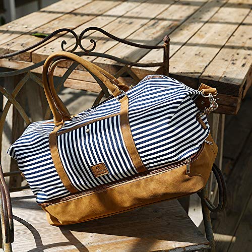 Canvas Duffel Weekender Bag with Shoe Compartment - Blue Stripe - Canvas Duffel Weekender Bag with Shoe Compartment - Blue Stripe - Travelking