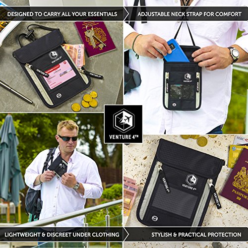 Venture 4th Passport Holder Neck Pouch With RFID Blocking – Concealed Passport Wallet (Black) - Venture 4th Passport Holder Neck Pouch With RFID Blocking – Concealed Passport Wallet (Black) - Travelking