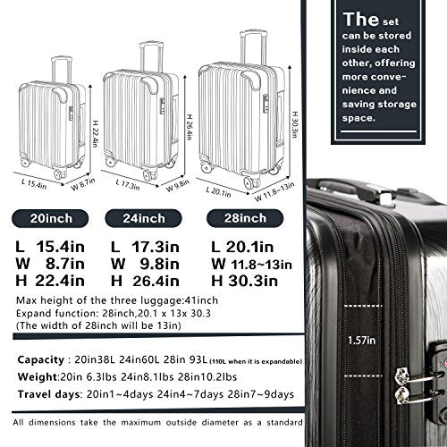 Coolife Luggage Expandable 3 Piece PC+ABS - White Grid - Coolife Luggage Expandable 3 Piece PC+ABS - White Grid - Travelking